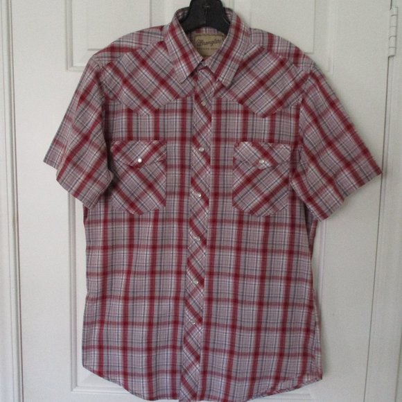 Wrangler Mens S/S Red Plaid Western Pearl Snap Casual Shirt - Size Medium - Picture 1 of 3